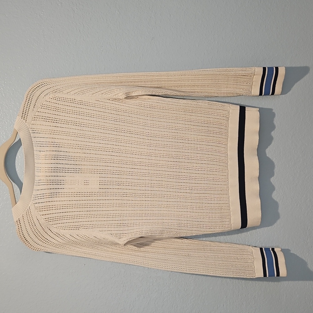 Tory Burch Tory Sport Cream V-Neck Sweater sz L  with Blue Accents - Picture 5 of 9